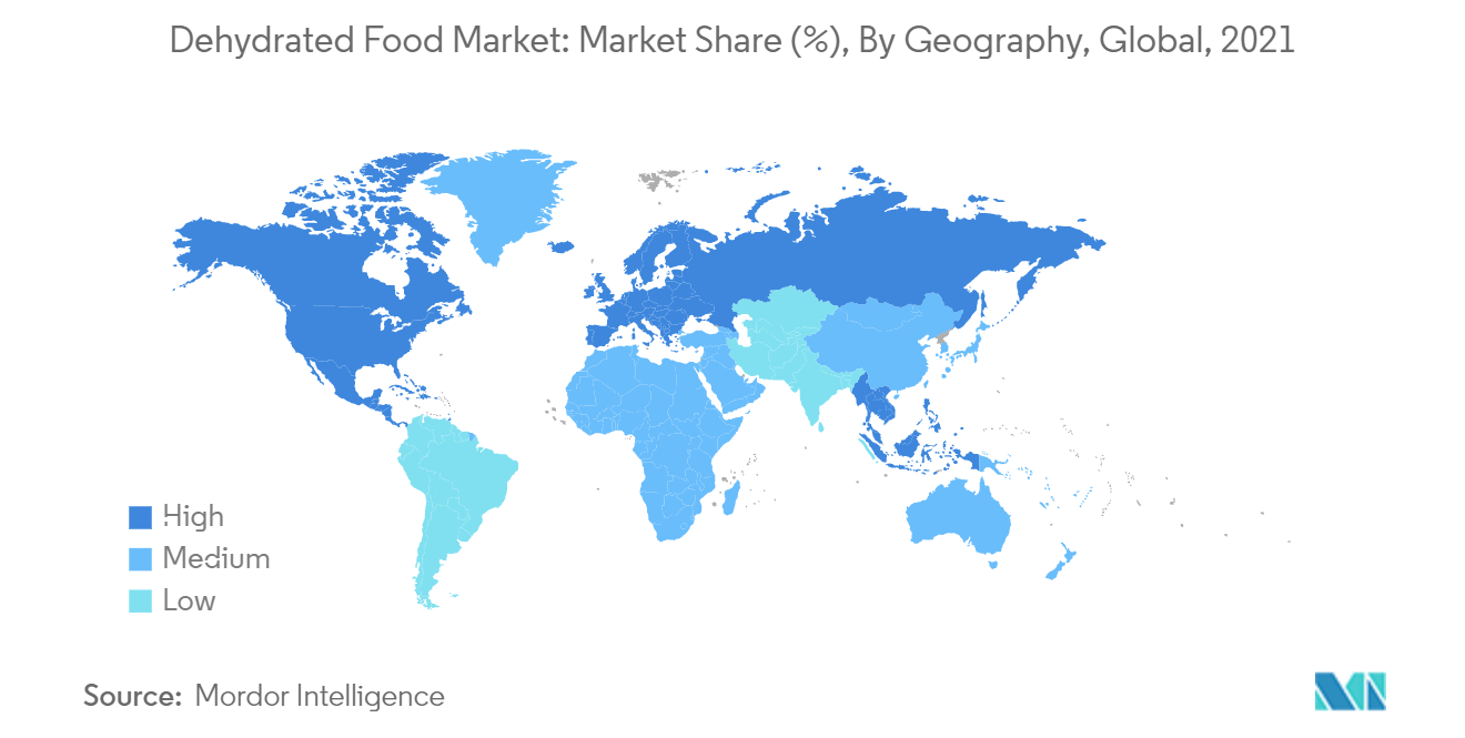 سوق المواد الغذائية المجففة حصة السوق (٪)، حسب الجغرافيا، عالميًا، 2021