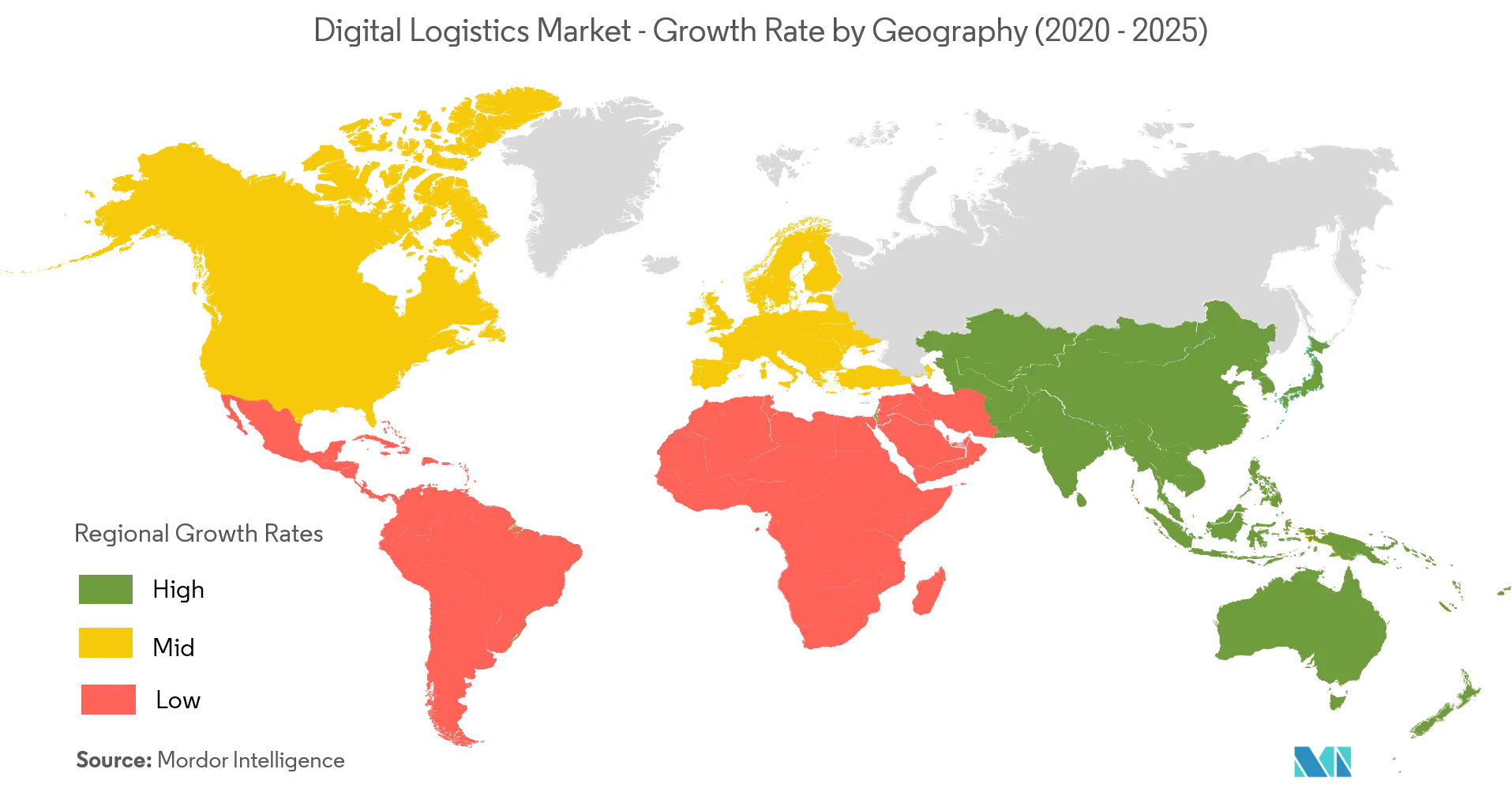 Digital Logistics Market - Growth Rate by Geography (2020 - 2025)