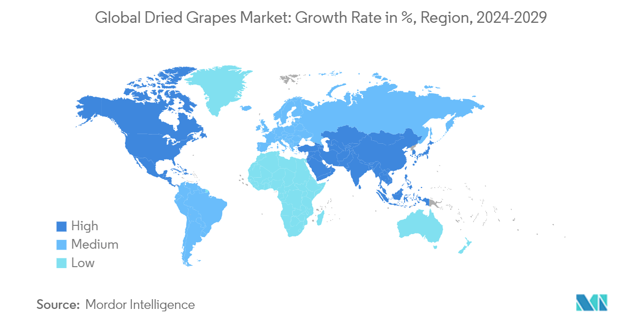 干しブドウの世界市場：成長率（％）、地域別、2024-2029年