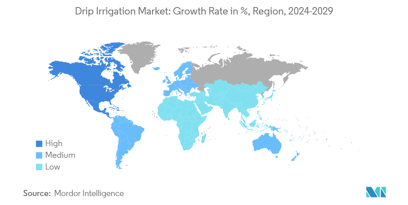 Drip Irrigation Market: Growth Rate in %, Region, 2024-2029