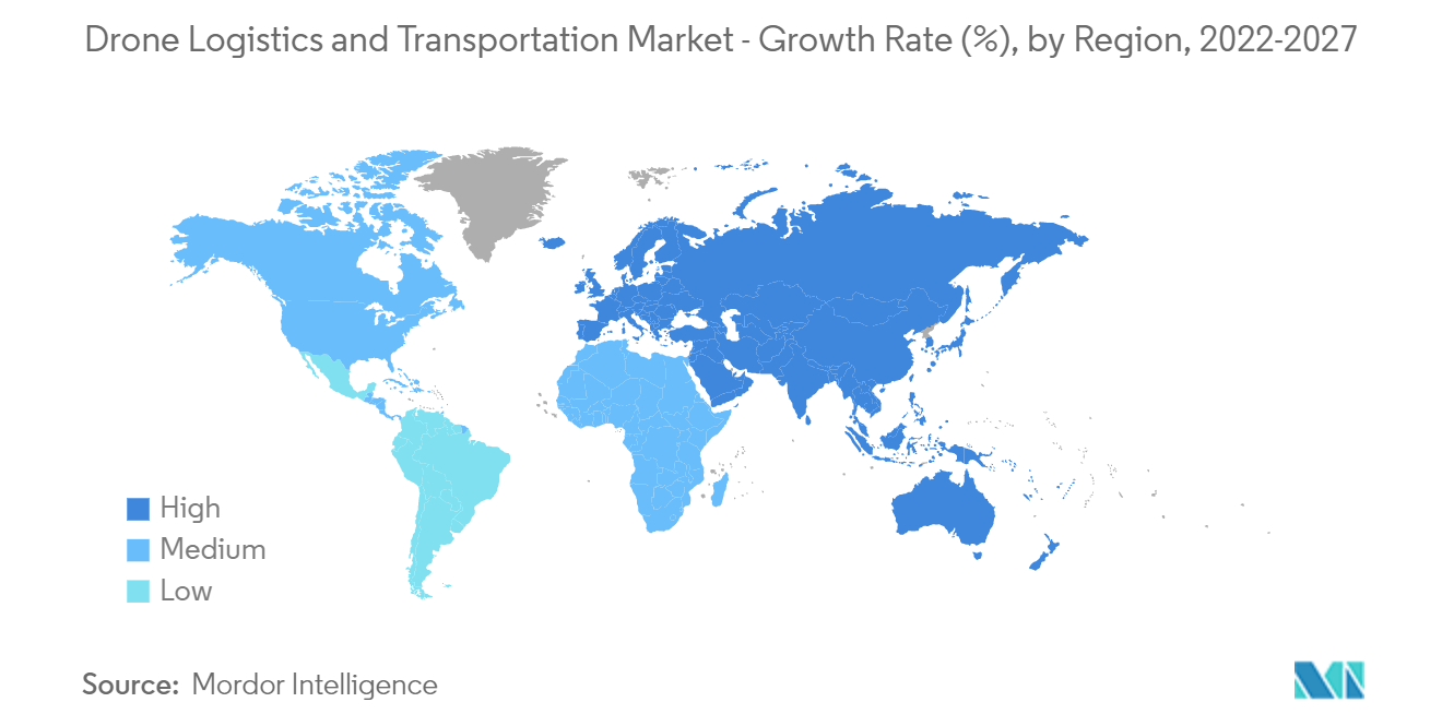 Рынок логистики и перевозок дронов темп роста (%), по регионам, 2022-2027 гг.