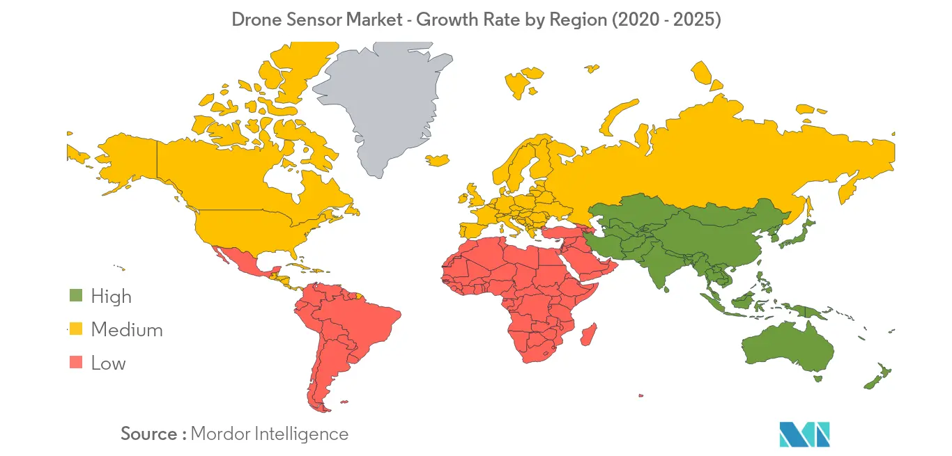 Thị trường cảm biến máy bay không người lái - Tốc độ tăng trưởng theo khu vực (2020 - 2025)