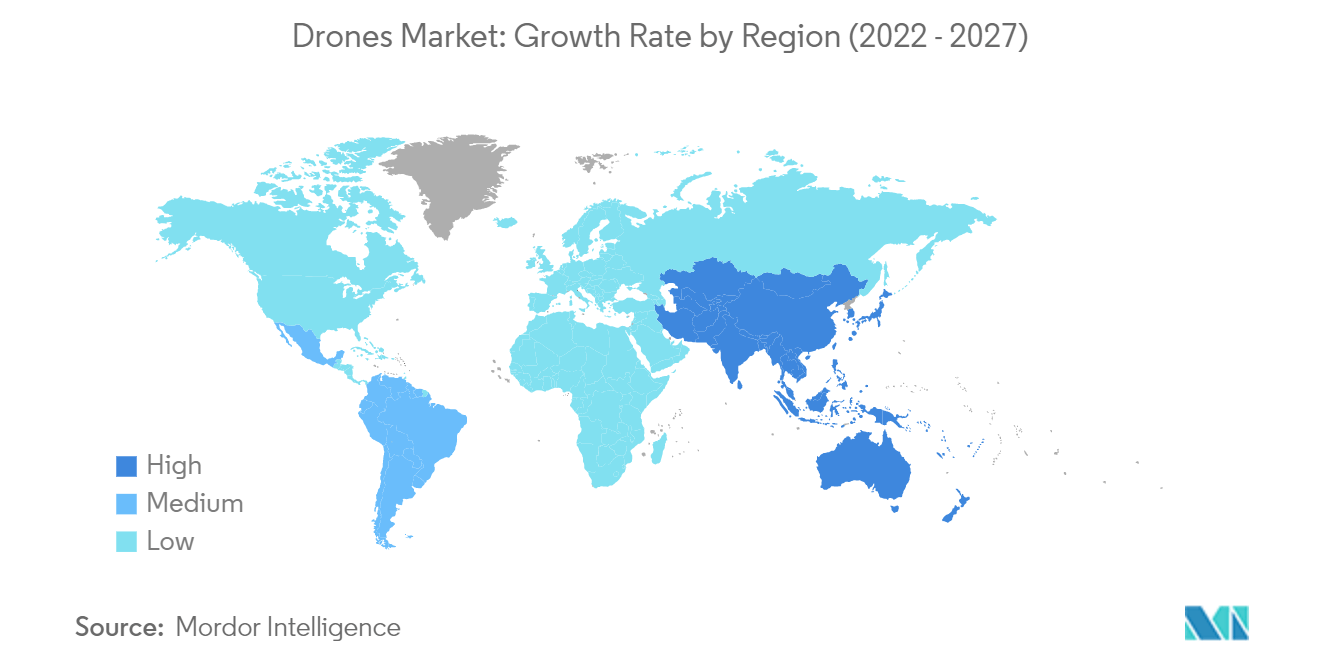 ドローン市場地域別成長率（2022年～27年）