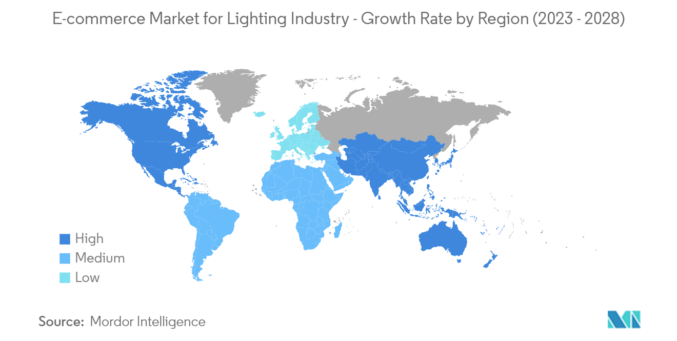 照明産業向けEコマース市場：地域別成長率（2023年～2028年）