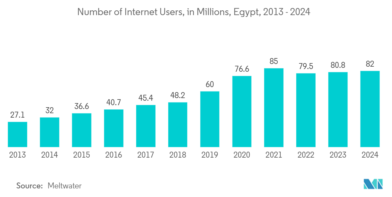 Egypt E-commerce Market: Number of Internet Users, in Millions, Egypt, 2013 - 2024