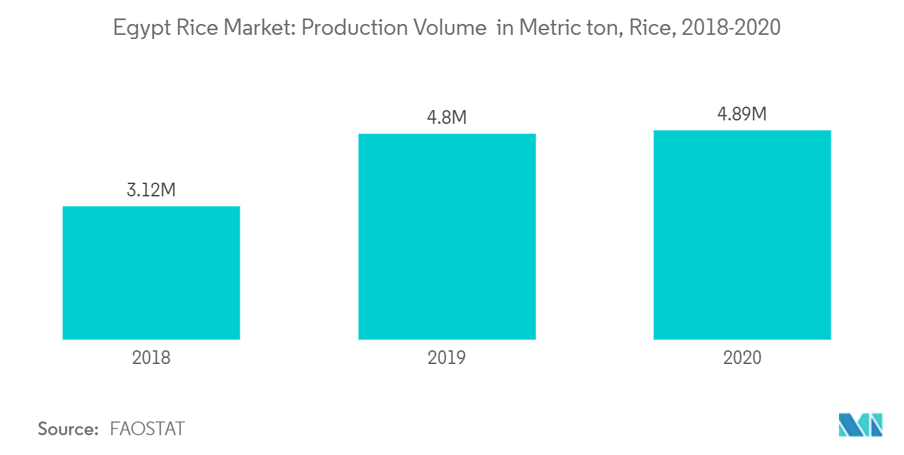 Mercado del arroz de Egipto producción de arroz en toneladas métricas, Egipto, 2018-2020