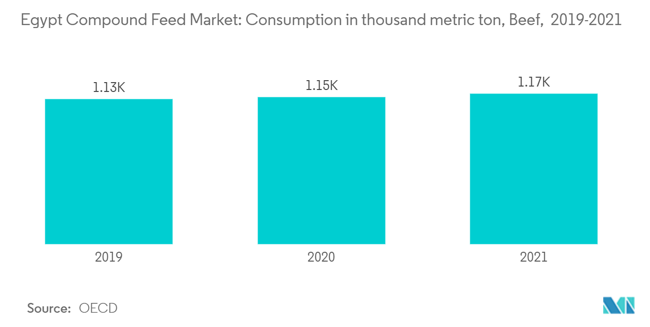 Mercado de alimentos compostos do Egito consumo em mil toneladas métricas, carne bovina, 2019-2021