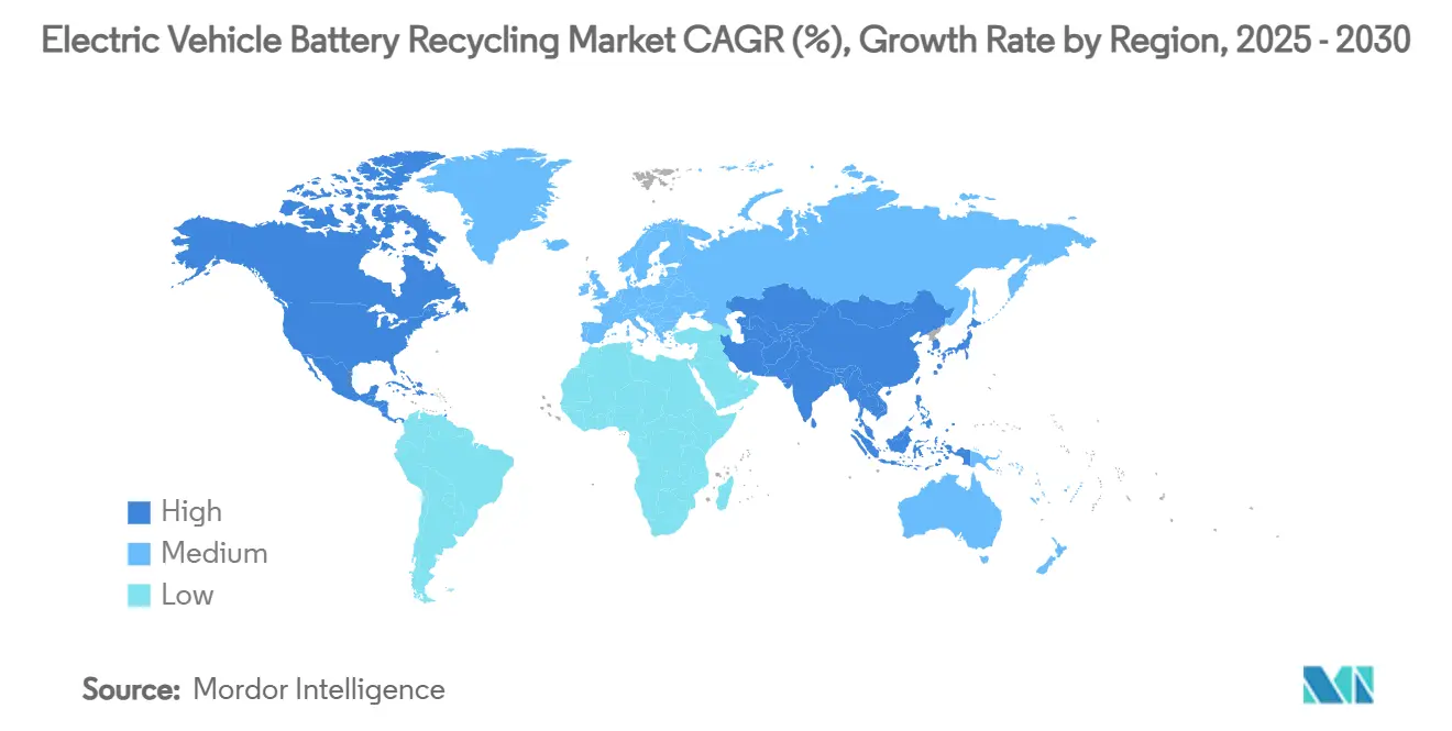 Tasso di crescita annuo composto (CAGR) del mercato del riciclaggio delle batterie dei veicoli elettrici (%), tasso di crescita per regione