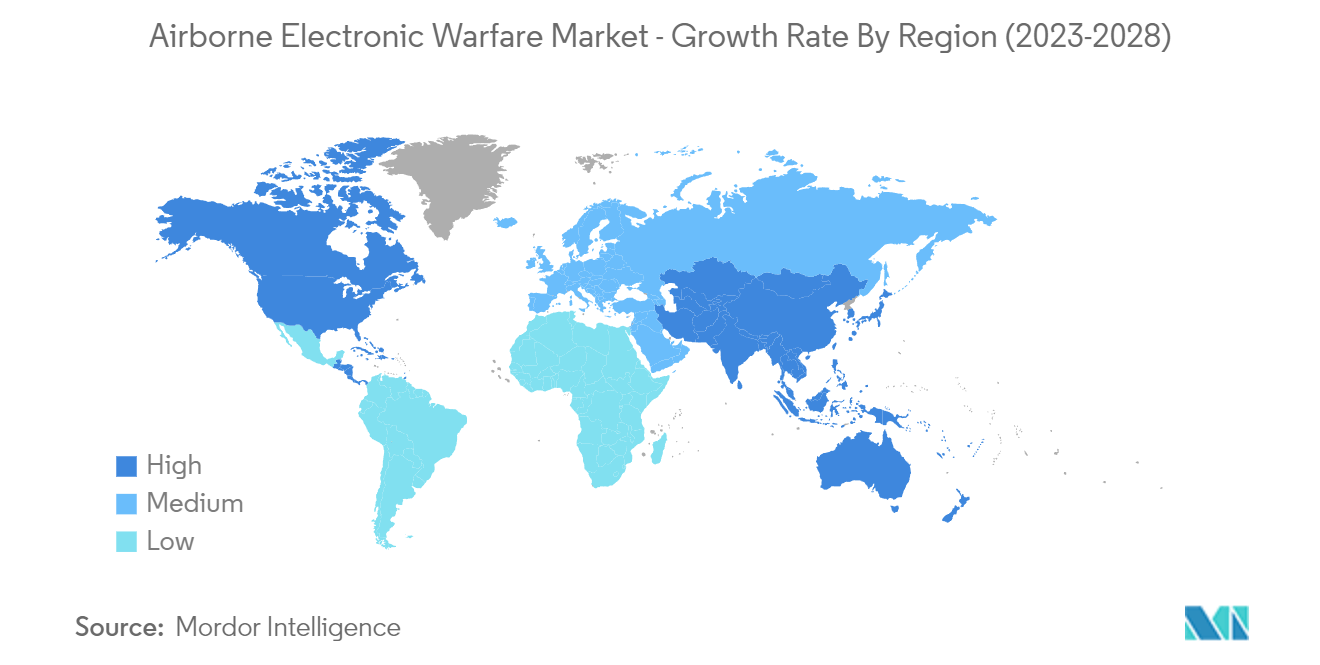 空中電子戦市場 - 地域別成長率（2023年〜2028年）