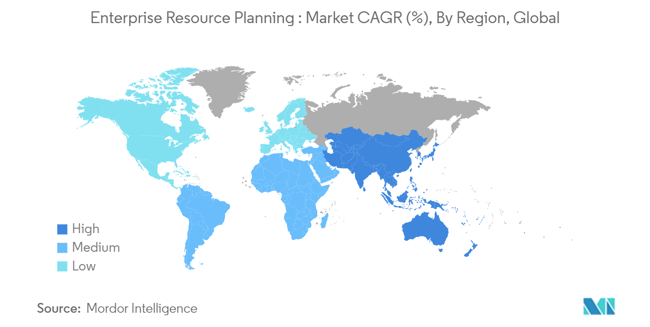 تخطيط موارد المؤسسات معدل النمو السنوي المركب للسوق (%)، حسب المنطقة، عالميًا