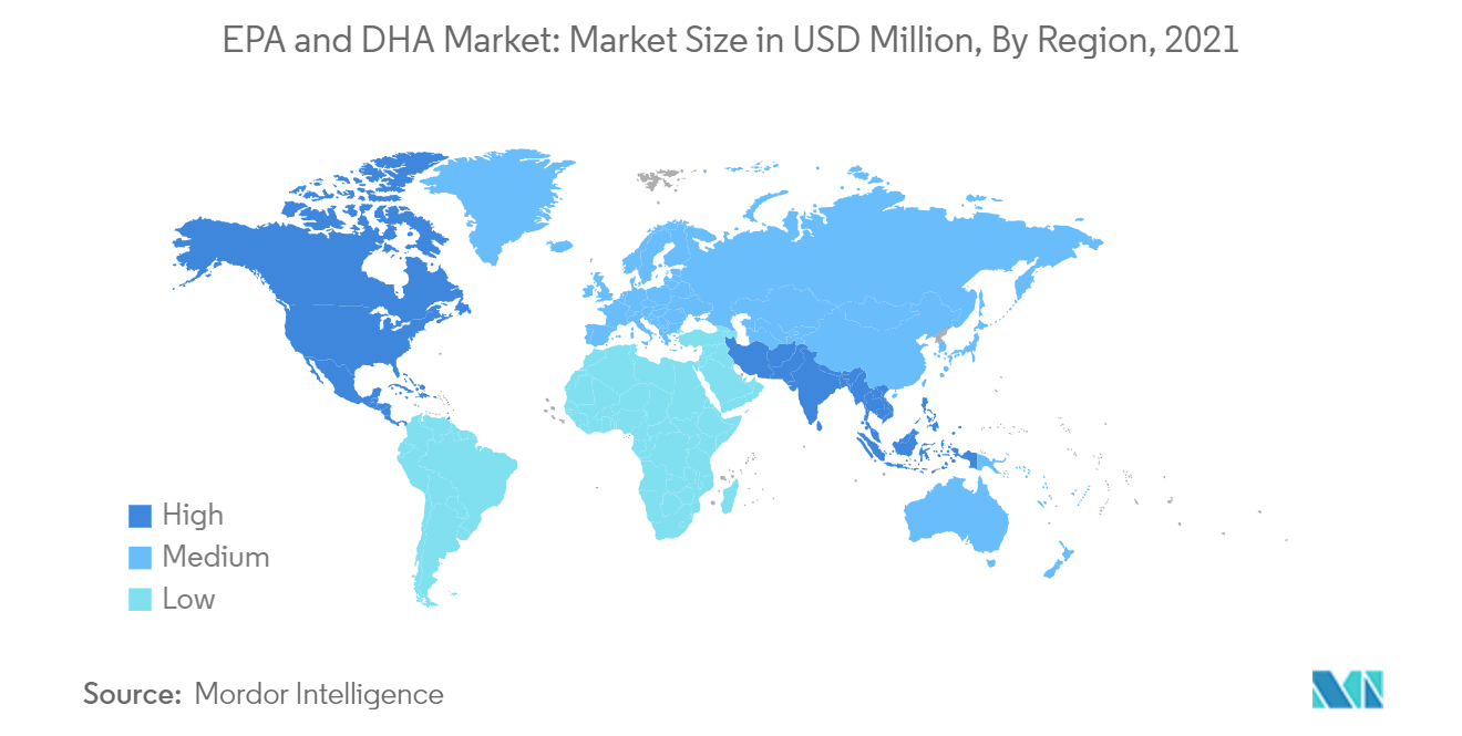Рынок EPA и DHA размер рынка в миллионах долларов США по регионам, 2021 г.