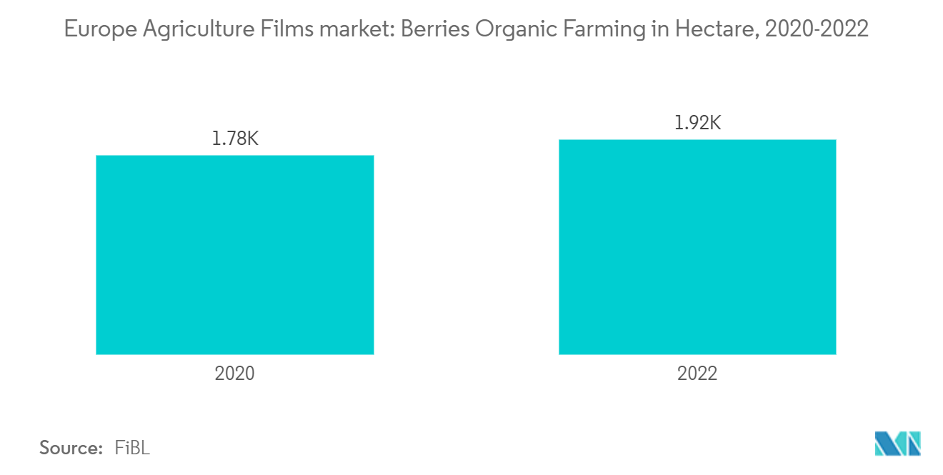 ヨーロッパの農業用フィルム市場ベリー類の有機栽培面積（ヘクタール）：2020-2022年