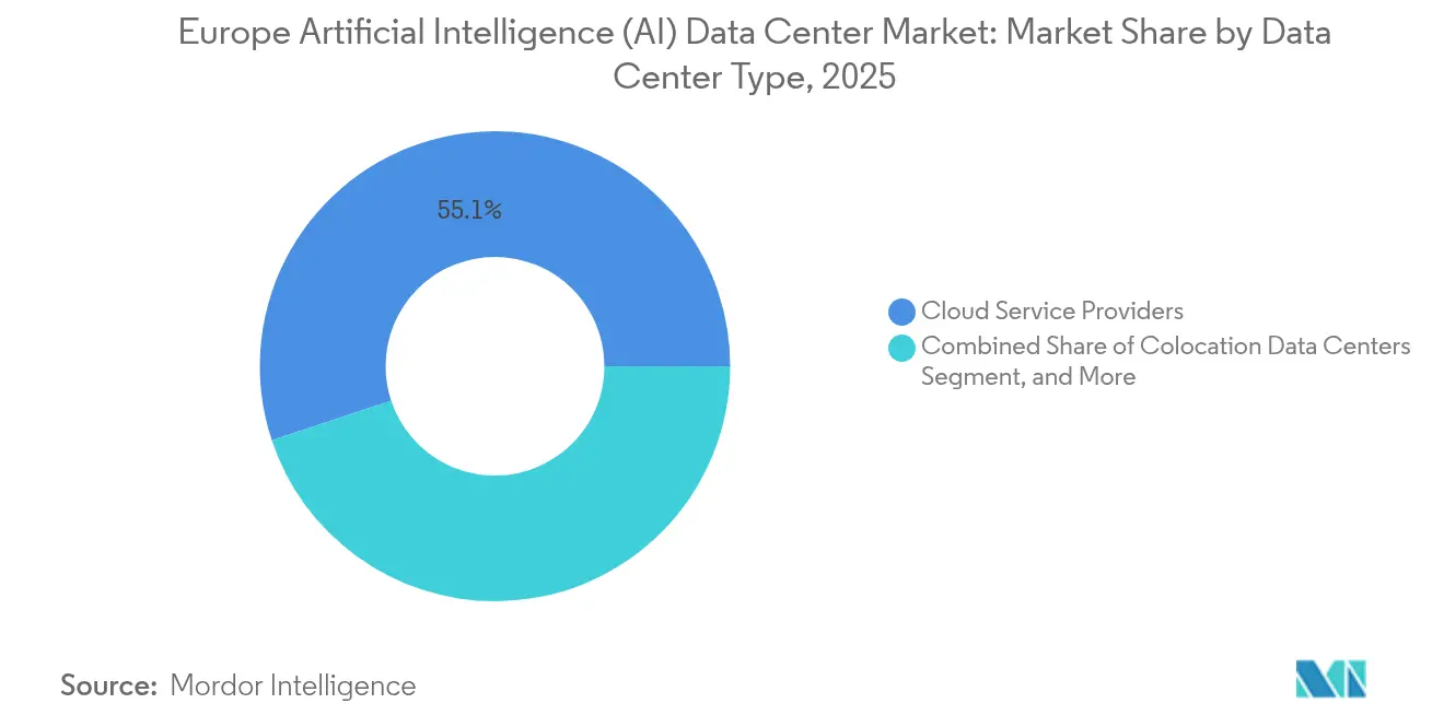 ヨーロッパ人工知能（AI）データセンター市場のデータセンタータイプ別シェア（2025年）