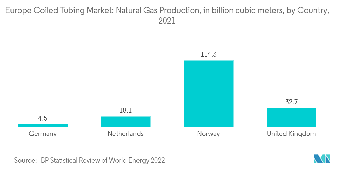 欧州のコイルドチュービング市場天然ガス生産量（億立方メートル）：国別、2021年