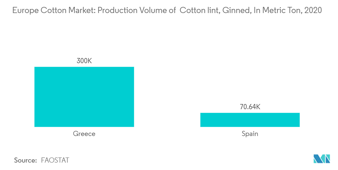 欧洲棉花市场：皮棉产量（轧花），公吨（2020 年）