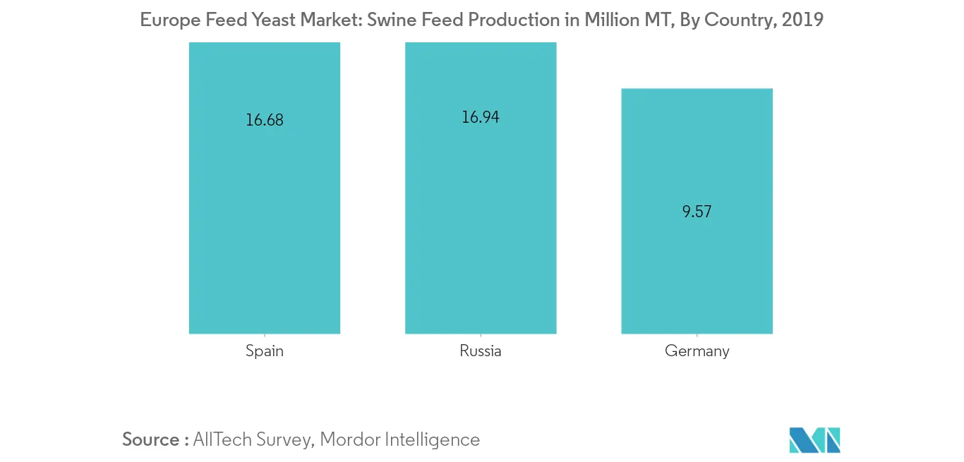 Europe Feed Yeast Market, Swine Feed Production, In Million MT, By Country, 2019