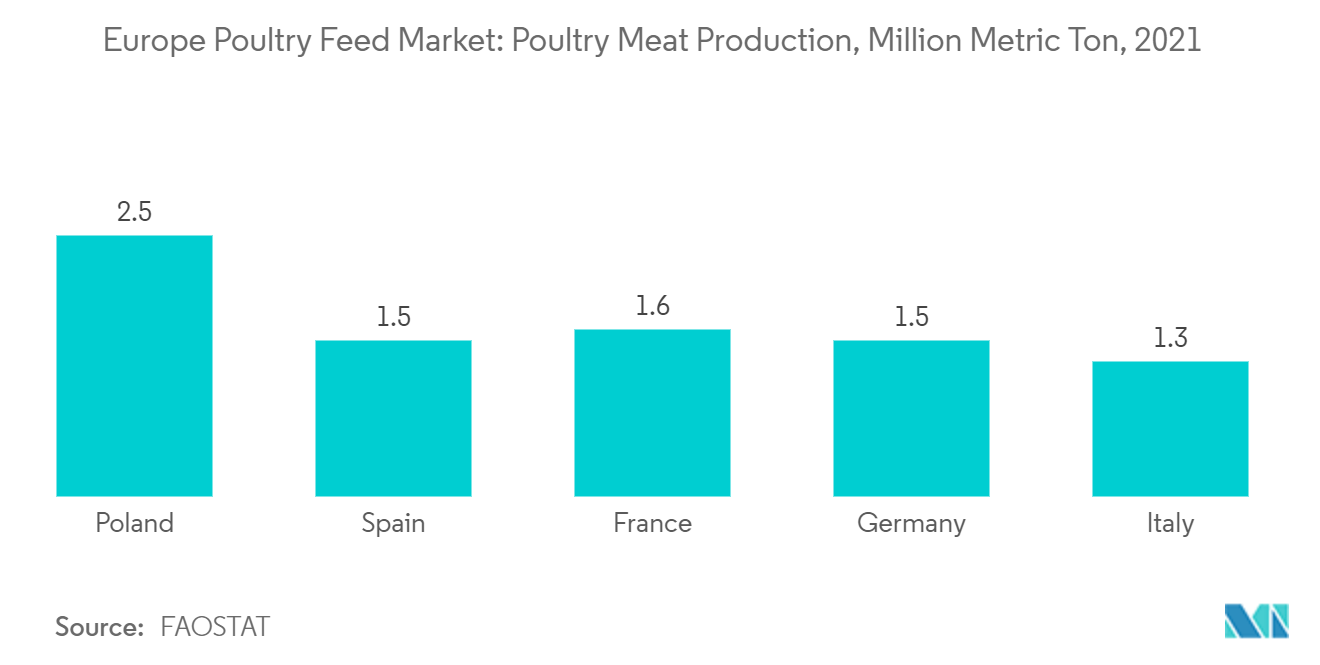 欧洲家禽饲料市场：家禽肉产量，百万公吨，2021 年
