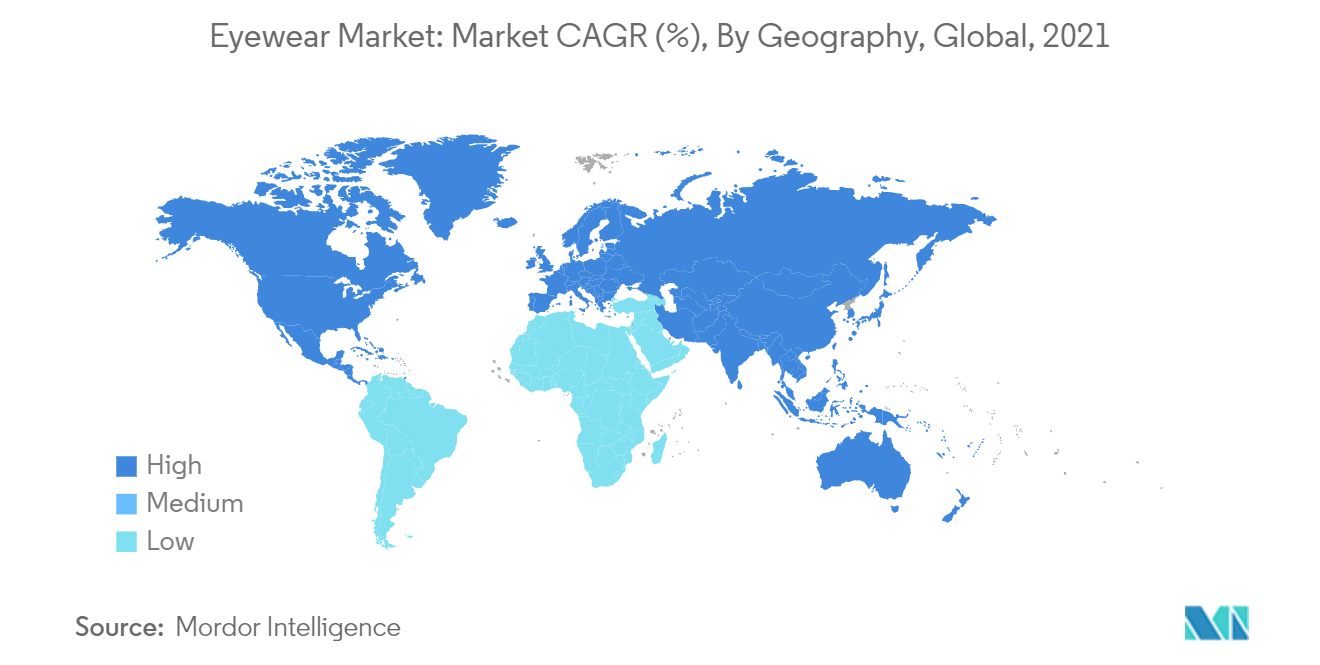 سوق النظارات معدل نمو سنوي مركب للسوق (٪)، حسب الجغرافيا، عالمي، 2021