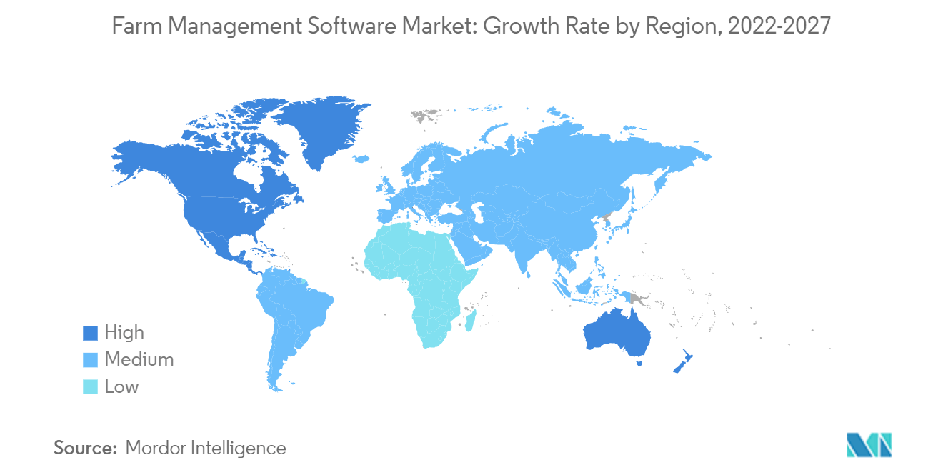 Mercado de software de gestión agrícola tasa de crecimiento por región, 2022-2027