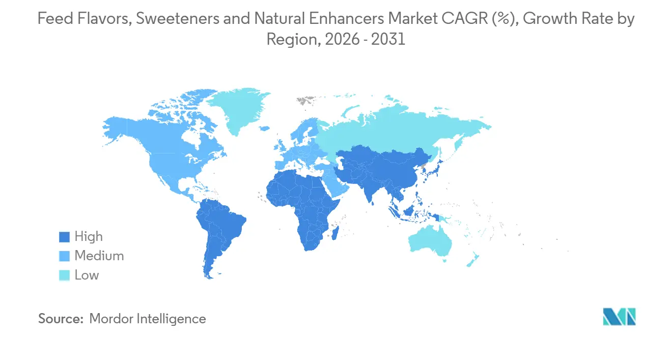 Tasa de crecimiento del mercado de saborizantes, edulcorantes y potenciadores naturales para piensos por región.