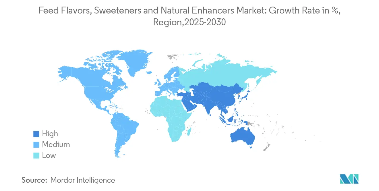 飼料用香料、甘味料、天然強化剤市場：成長率（%）、地域、2025-2030年