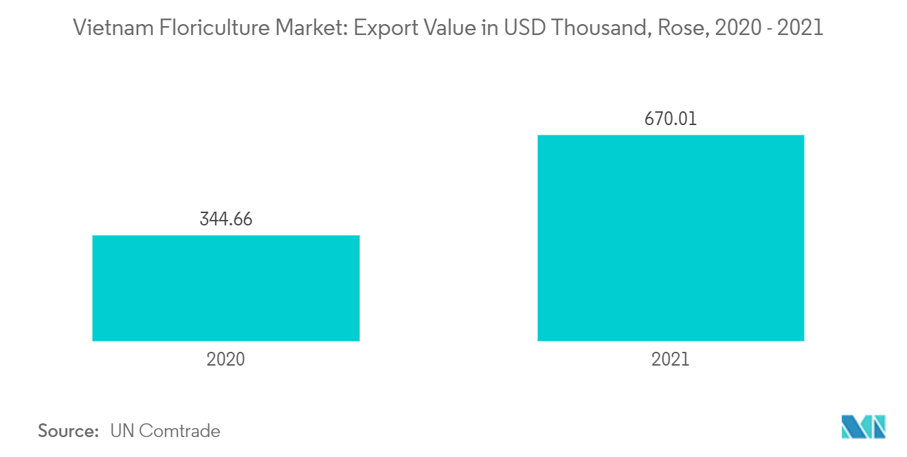 Рынок цветоводства Вьетнама - стоимость экспорта в тыс. долларов США, роза, 2020 - 2021 гг.