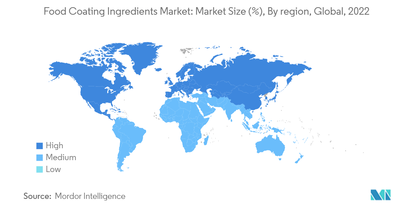 Mercado de ingredientes de recubrimiento alimentario Tamaño del mercado (%), Por región, Global, 2022