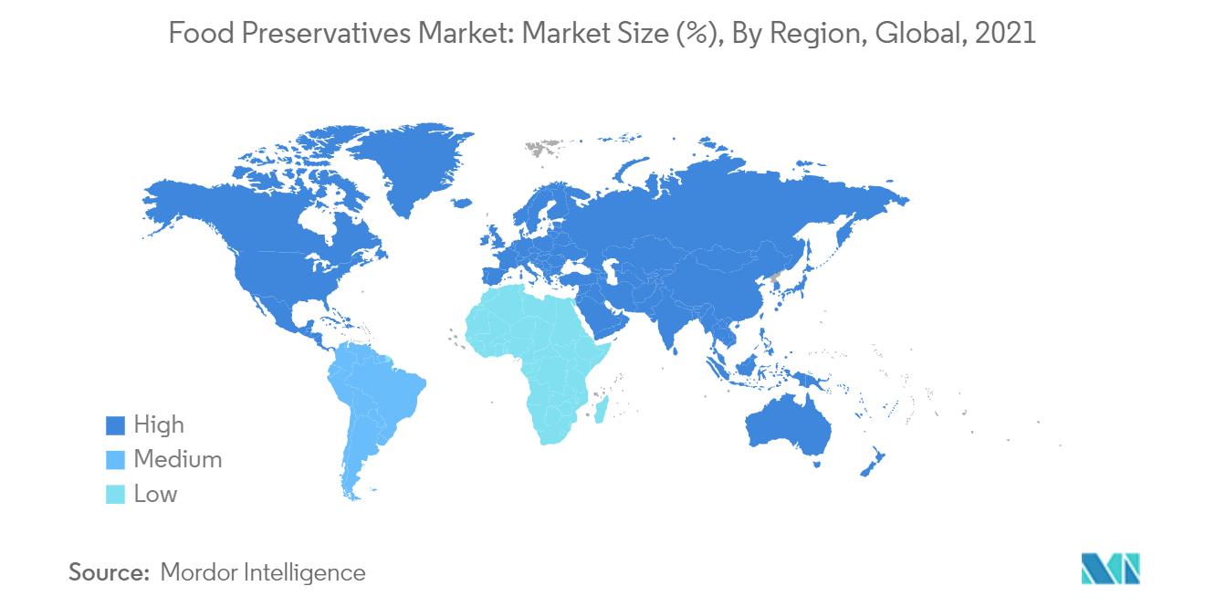 Markt für Lebensmittelkonservierungsmittel Marktgröße (%), nach Regionen, weltweit, 2021