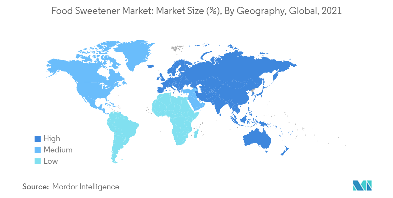 Рынок пищевых подсластителей объем рынка (%), по географическому признаку, мировой, 2021 г.
