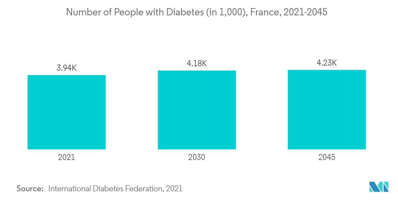 フランス薬物送達デバイス市場：糖尿病患者数（1,000人ベース）、フランス、2021-2045年