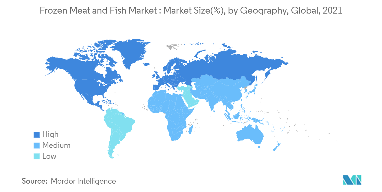 冷凍肉・魚市場：市場規模（％）、地域別、世界、2021年