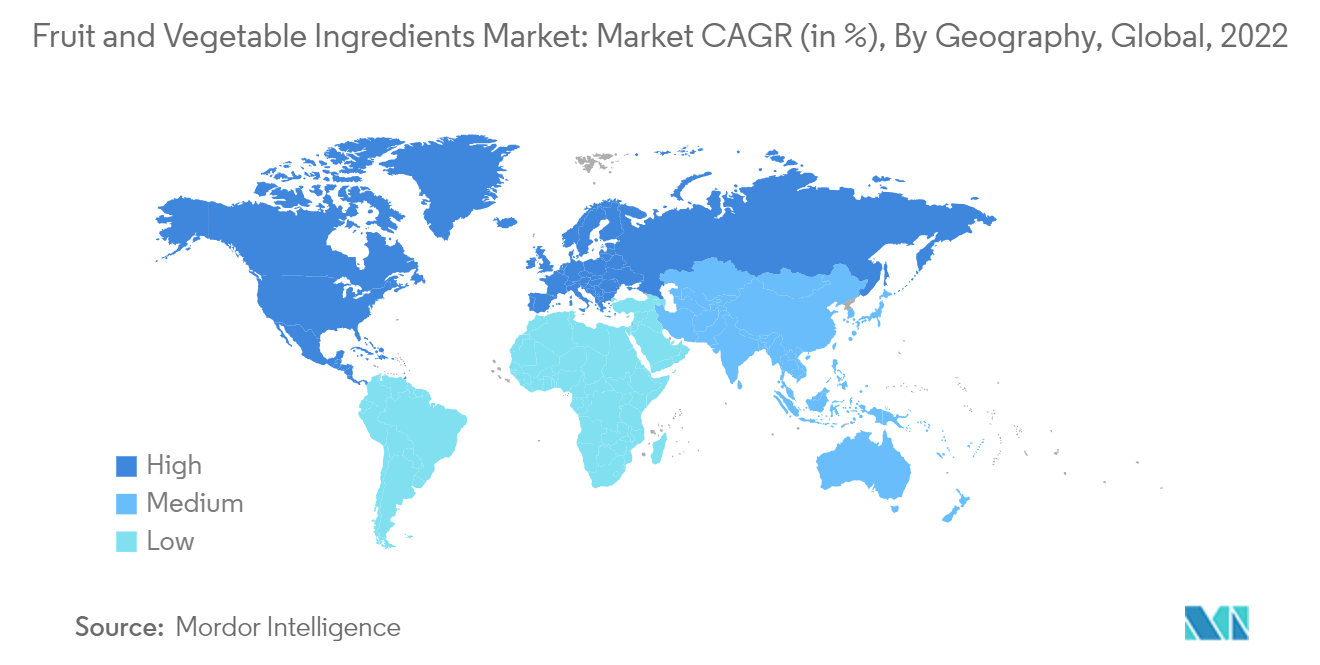 Mercado de ingredientes de frutas e vegetais CAGR (em %), por geografia, global, 2022