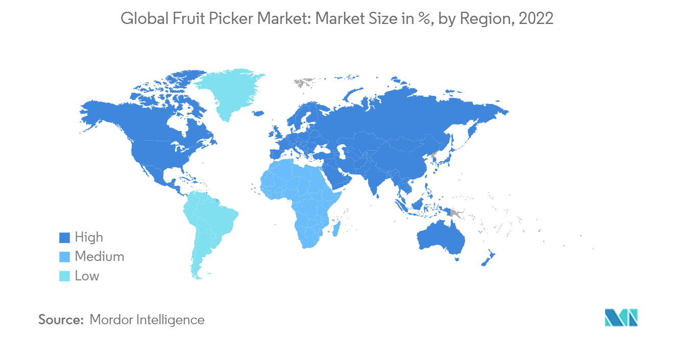 Thị trường máy hái trái cây toàn cầu Quy mô thị trường tính bằng %, theo khu vực, năm 2022
