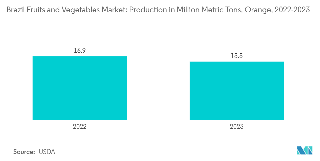 Brazil Fruits and Vegetables Market: Production in Million Metric Tons, Orange, 2022-2023