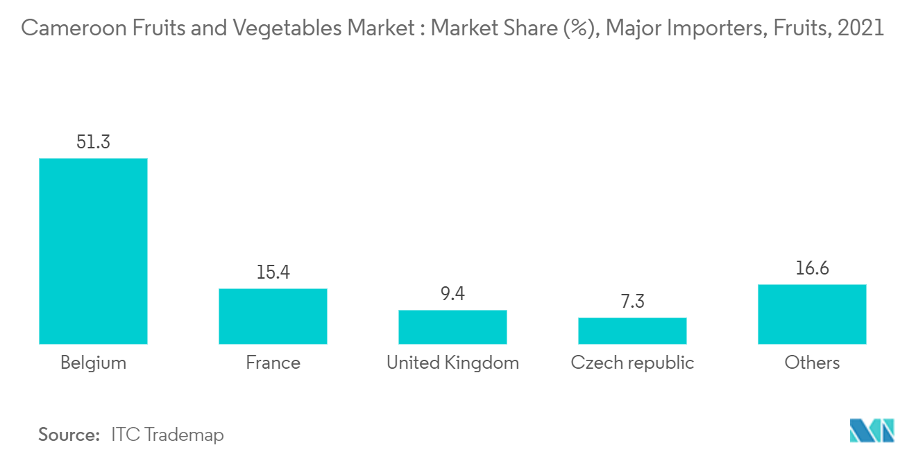 カメルーンの果物・野菜市場：市場シェア（%）、主要輸入国、果物、2021年