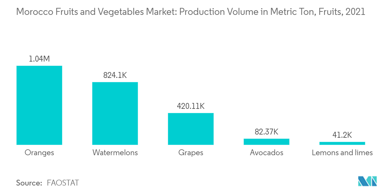 モロッコの果物・野菜市場果物生産量（メートルトン）（2021年
