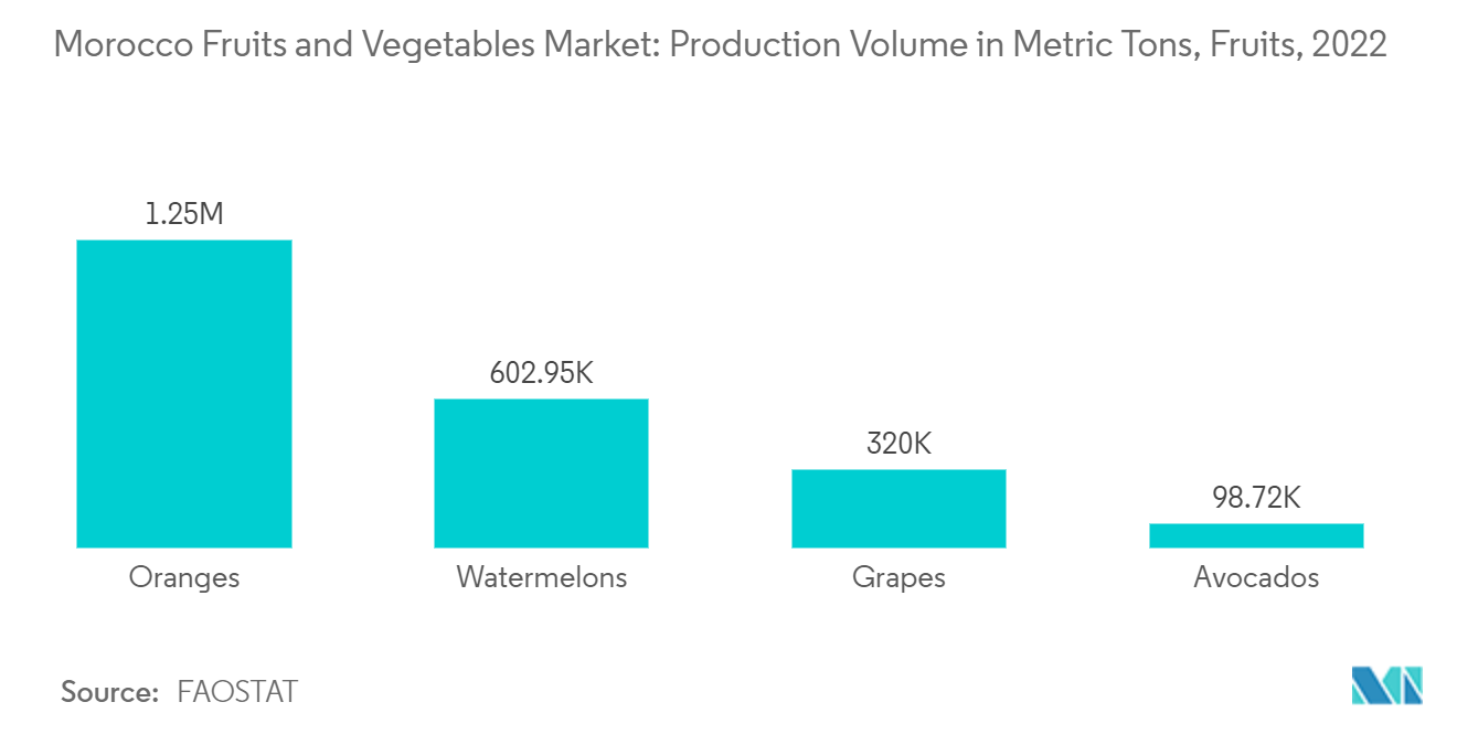 Morocco Fruits and Vegetables Market: Production Volume in Metric Tons, Fruits, 2022