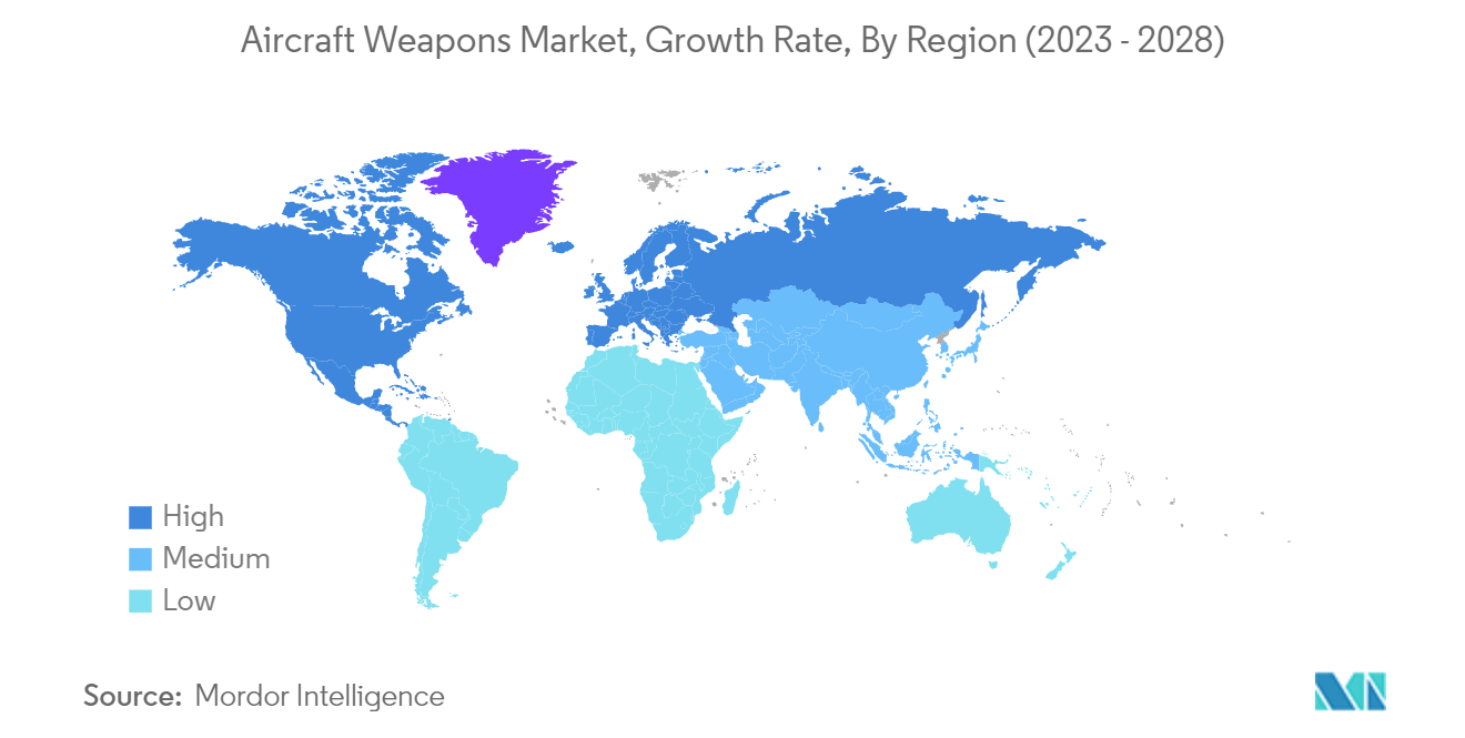飞机武器市场增长率，按地区（2023 - 2028）