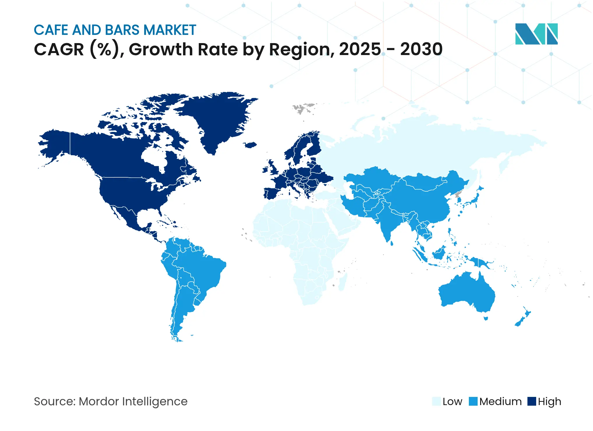 카페 및 바 시장 CAGR (%), 지역별 성장률