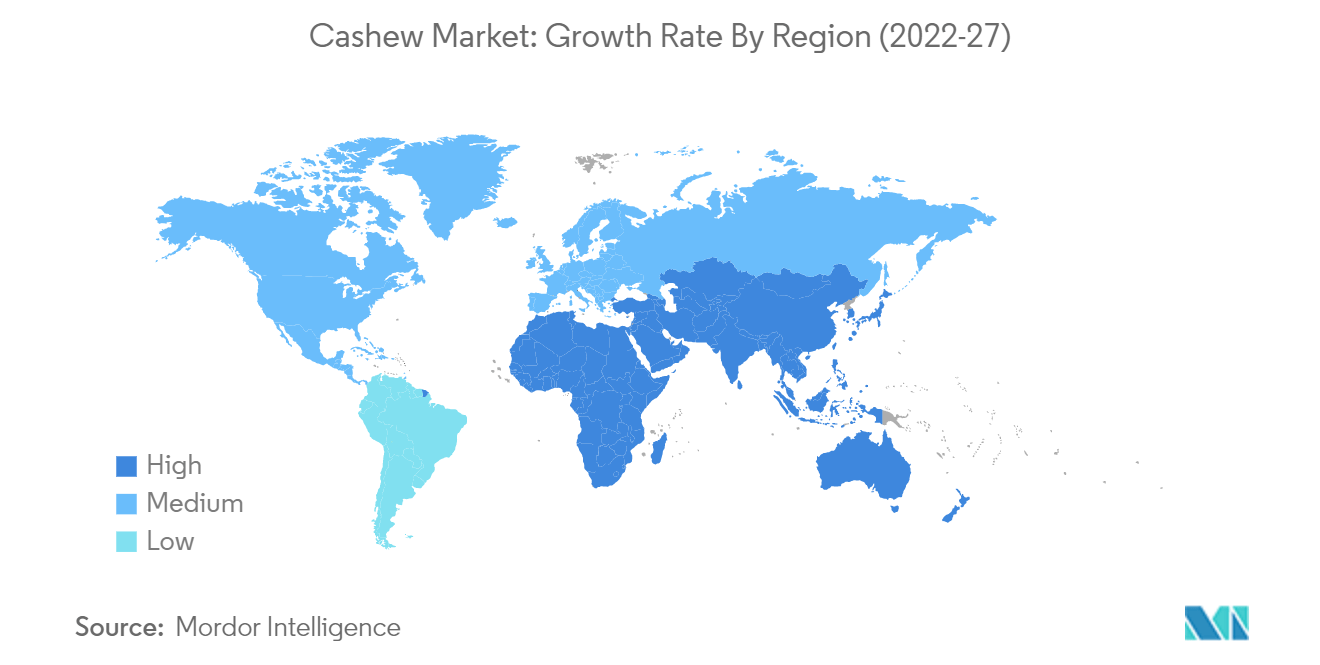 腰果市场：增长率（百分比），地理，2021 年