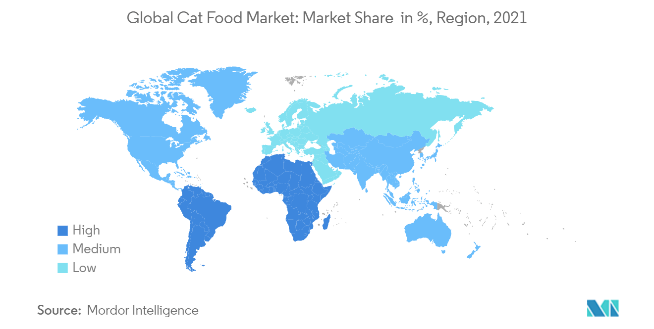Global Cat Food Market : Market Share in %, Region, 2021