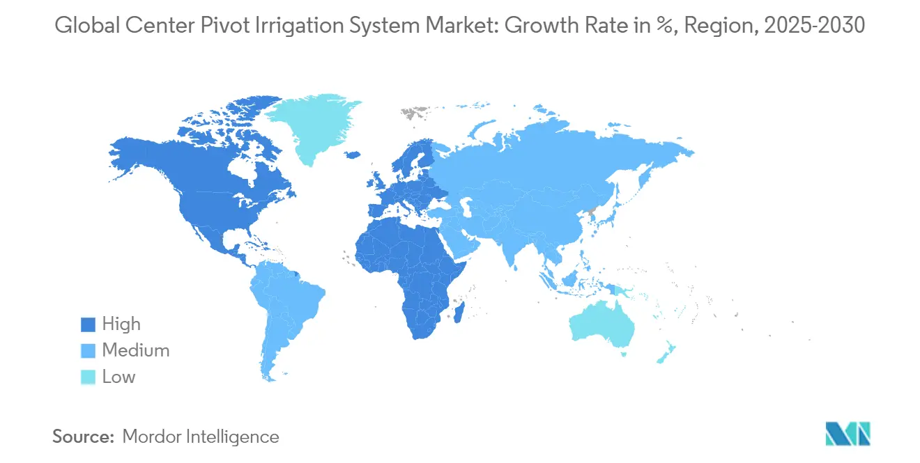 Global Center Pivot 바카라 레전드 System Market: Growth Rate in %, Region, 2025-2030