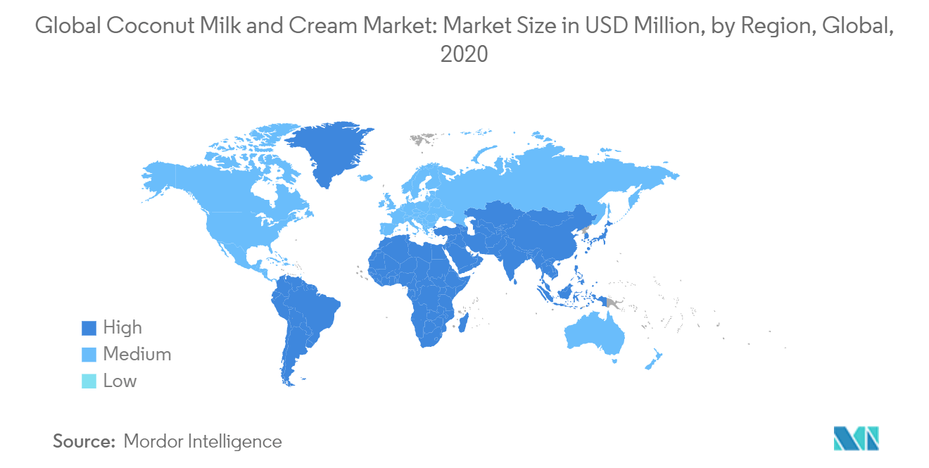 Mercado de leche y crema de coco tamaño del mercado en millones de dólares, por región, a nivel mundial, 2020
