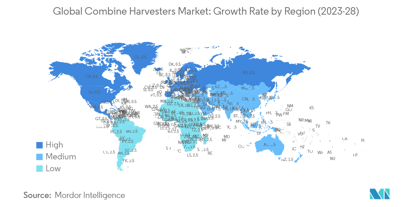 全球联合收割机市场：按地区划分的增长率（2023-28）