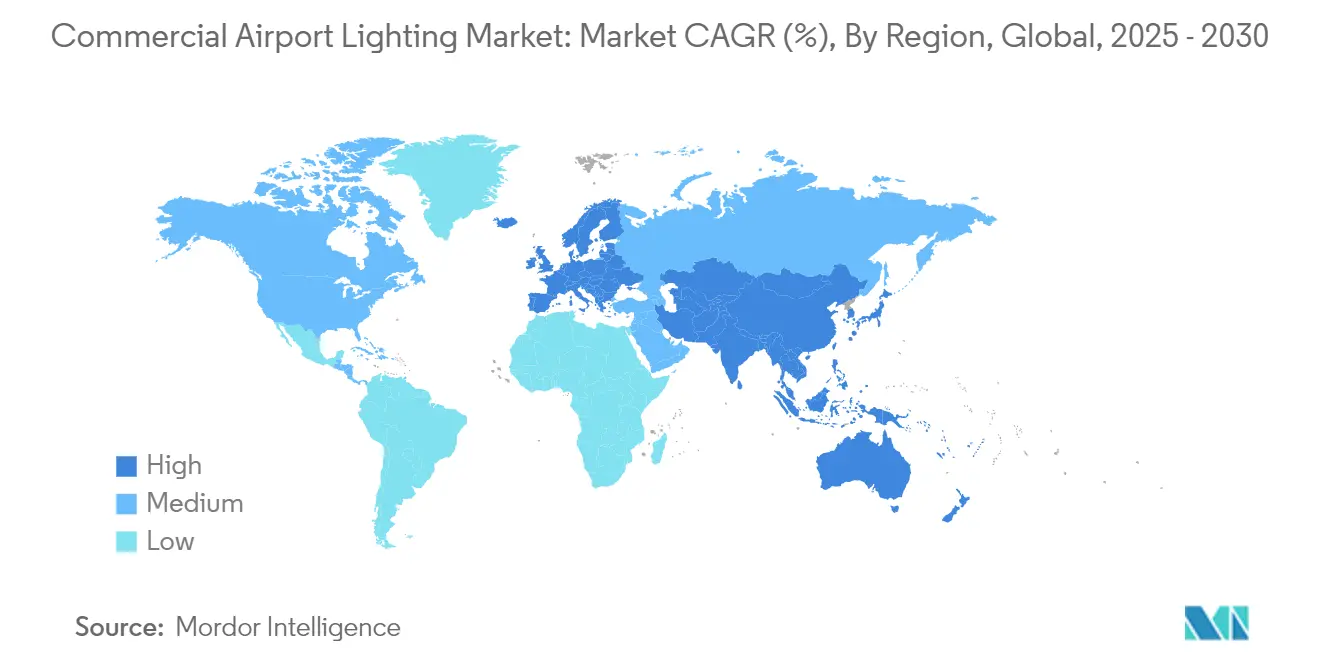Tendenze del mercato dell'illuminazione per aeroporti commerciali Mercato dell'illuminazione aeroportuale commerciale: CAGR di mercato (%), per regione, globale