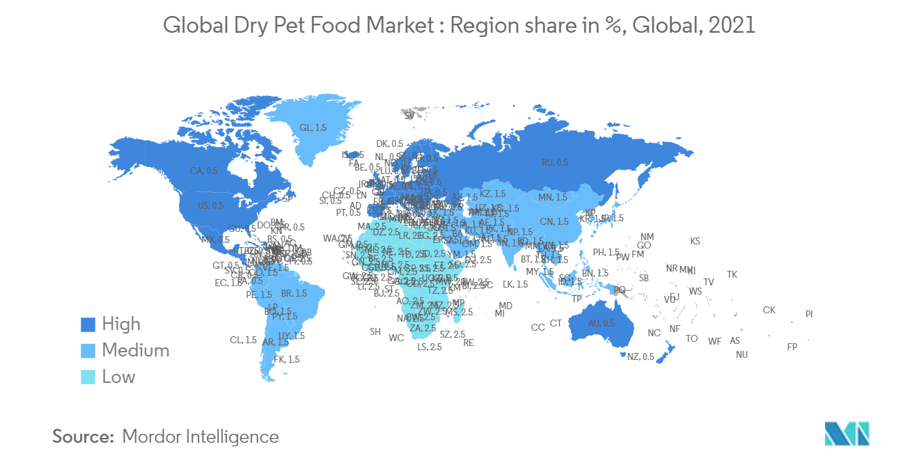 Dry Pet Food Market : Region share in%, Global, 2021