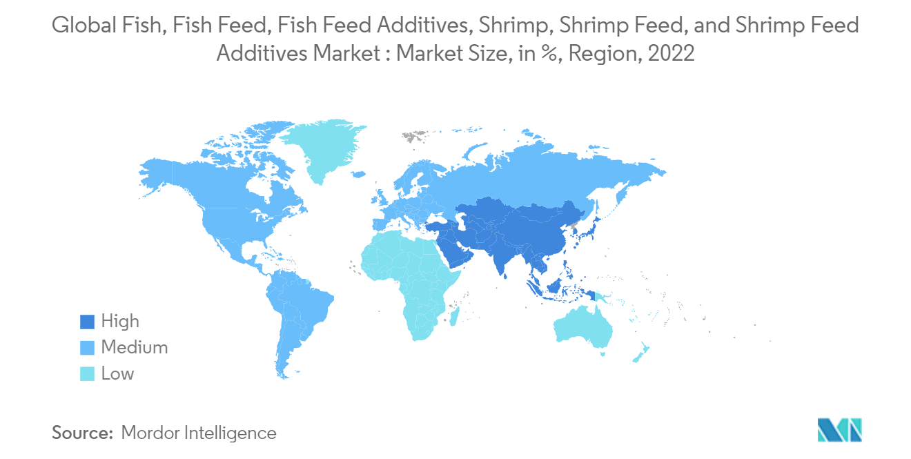 魚の飼料とエビの飼料添加物市場世界の魚、魚飼料、魚飼料添加物、エビ、エビ飼料、エビ飼料添加物市場：市場規模（%）、地域、2022年