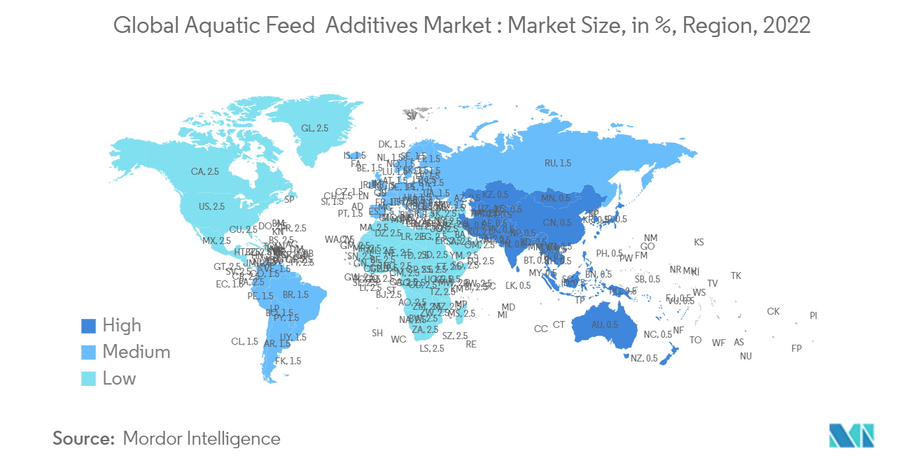 Mercado de aditivos para piensos para peces y camarones mercado mundial de pescado, piensos para peces, aditivos para piensos para peces, camarones, piensos para camarones y aditivos para piensos para camarones tamaño del mercado, en %, región, 2022