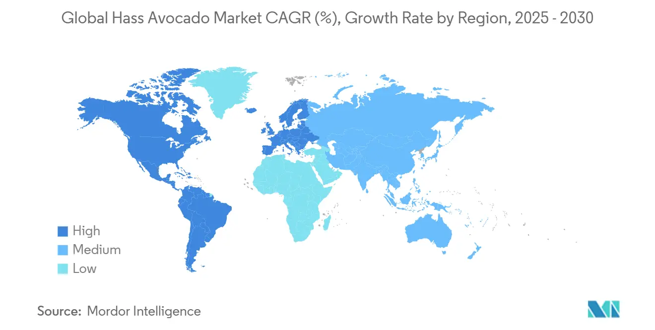 Tasso di crescita annuo composto (CAGR) del mercato globale dell'avocado Hass (%), tasso di crescita per regione