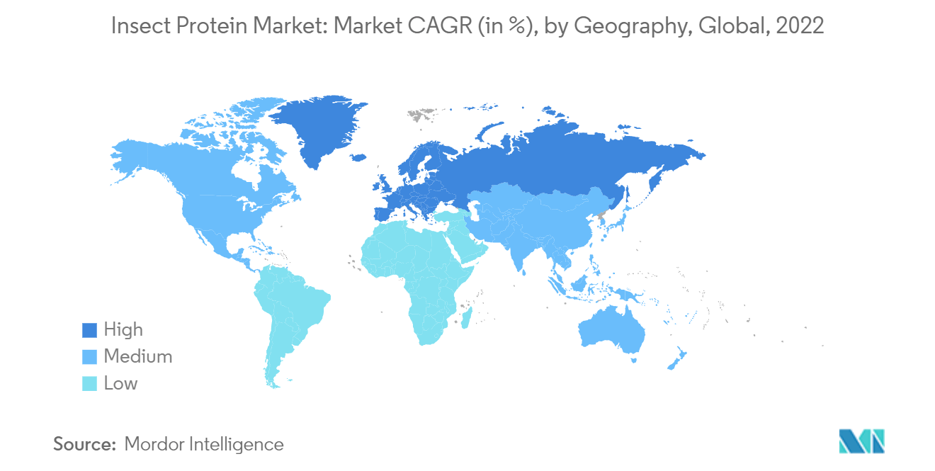 Mercado de proteínas de insectos CAGR del mercado (en %), por geografía, global, 2022